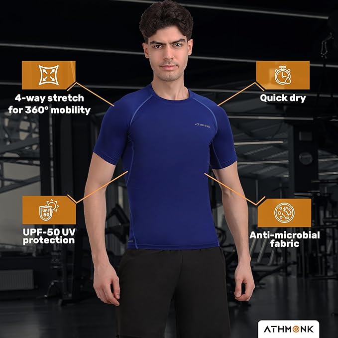 Athmonk Compression T-Shirt Vest Body Shaper Half Sleeve for Men Boys Branded - Nylon Lycra Fabric - Workout Gym Cricket Football Sports Training - Keep Dry Tight Skin Fit - Round Neck